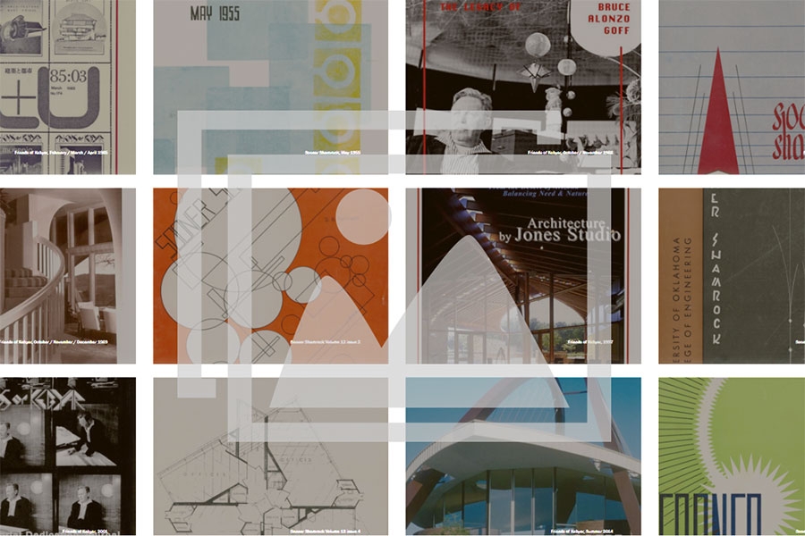 The American School collection of books and architectural drafts in a collage format.