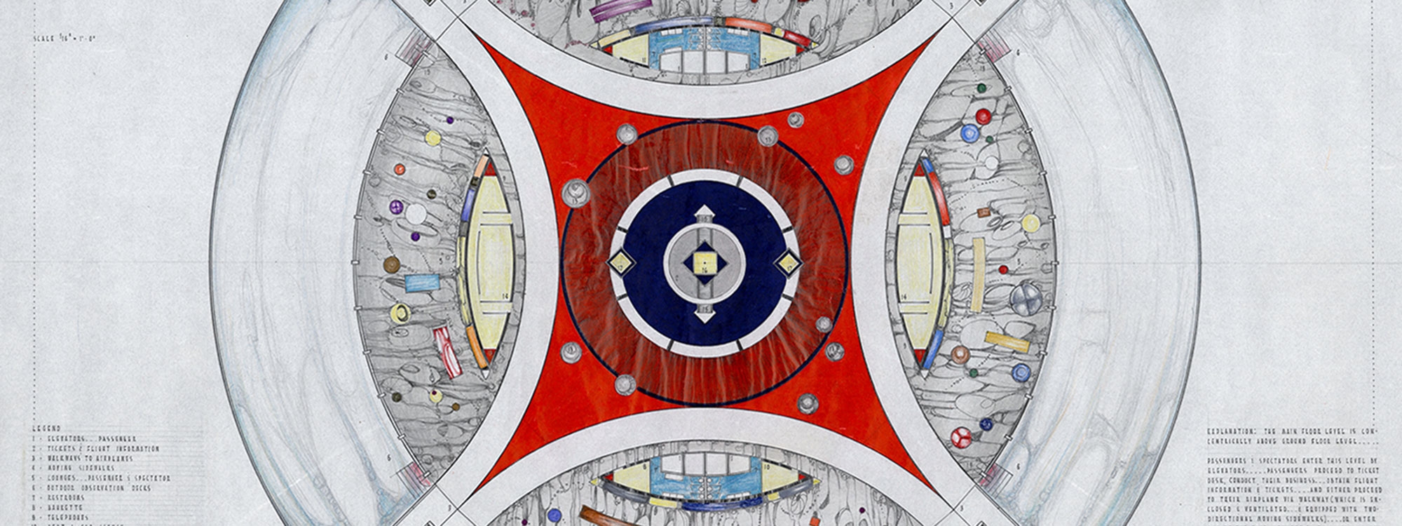 Gene Williams' design for an airport terminal, featuring concentric circular elements.