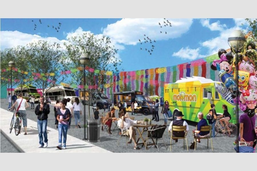 A rendering of Paulina Baeza's International Plaza featuring food trucks.