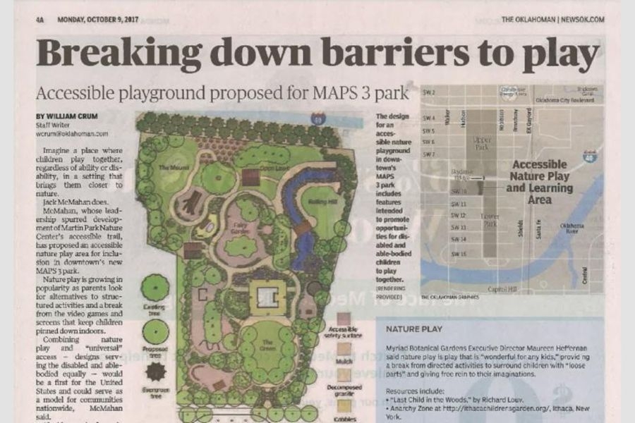 A scan of the October 9, 2017 issue of the Oklahoman featuring the article "Breaking Down Barriers to Play".