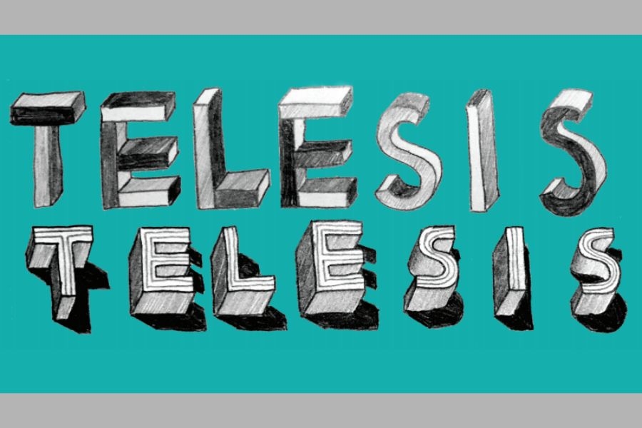 Telesis graphic with the word "Telesis" twice in hand drawn graphic style.