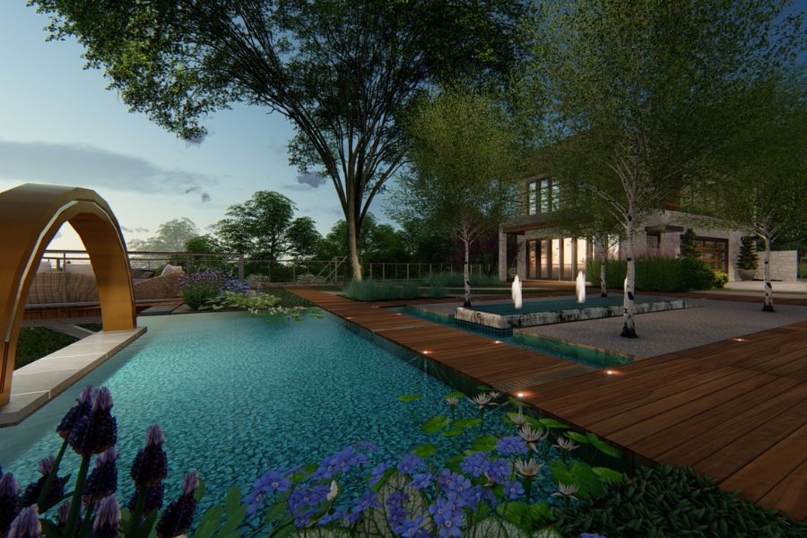 Project rendering of Alex Tyler's project with pool in foreground and house in the background.