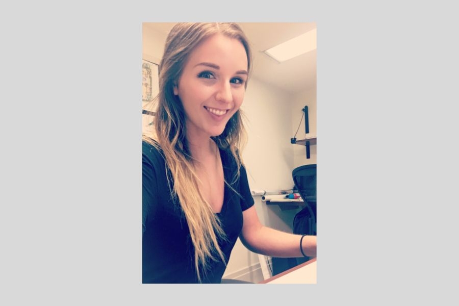 A woman named haley powell takes a selfie as a desk (blonde hair)