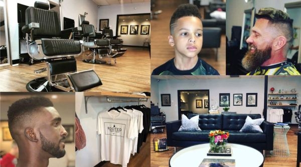 Collage of marketing pictures for Rooted Barber + Shop with merchandise and examples of haircuts done.