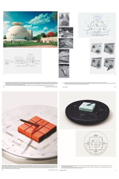Collage of architectural models, sketches, diagrams, and product design objects
