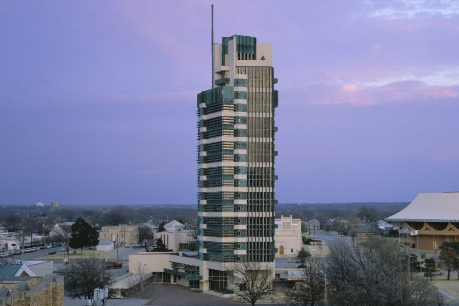An aerial view of the Price Tower, designed by Frank Lloyd Wright