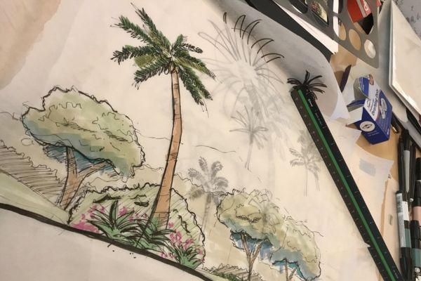 Hand-drawn landscape sketch with palm trees, markers, ruler, and drafting tools