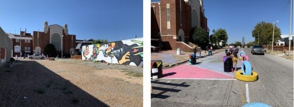 The street and the alley adjacent to the plaza installation.