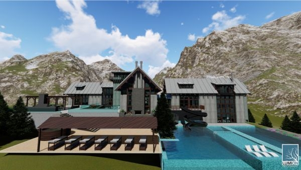 Daytime rendering of Konda's pool and house design set in a mountain valley. 