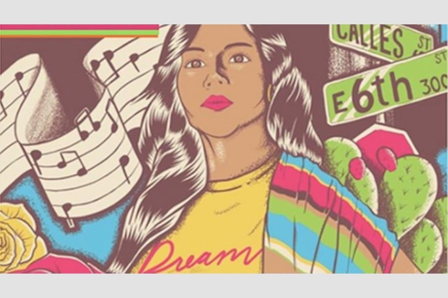 An illustration of a Hispanic woman in front of a music staff, a cactus, and street signs for Calles Street and East 6th Street.