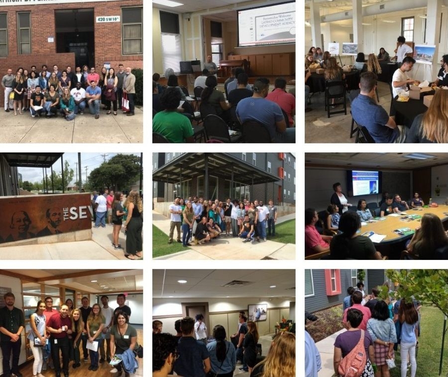Nine photographs of the students at various locations in Oklahoma City.