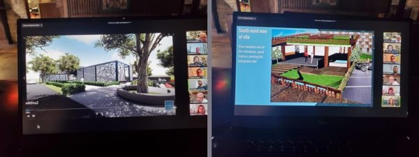 Two pictures of a laptop screen of architecture course lectures conducted via Zoom video call.