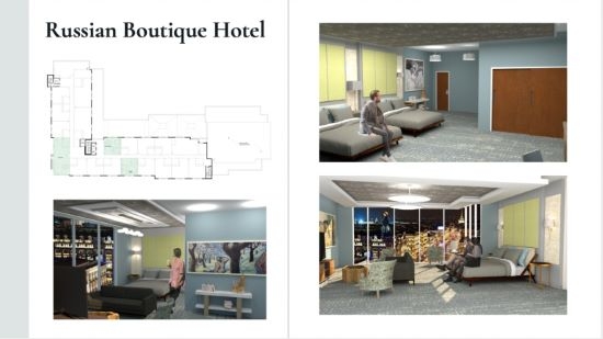 Digitally rendered design project and floorplan titled Russian Boutique Hotel.