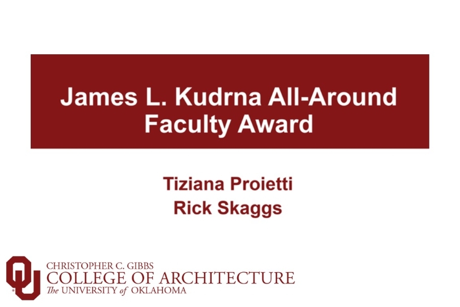 Text reading James L. Kudrna All-Around Faculty Award: Tiziana Proietti and Rick Skaggs.