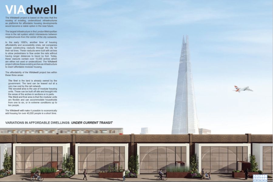 Architectural rendering of housing under rail viaduct with Shard and airplane