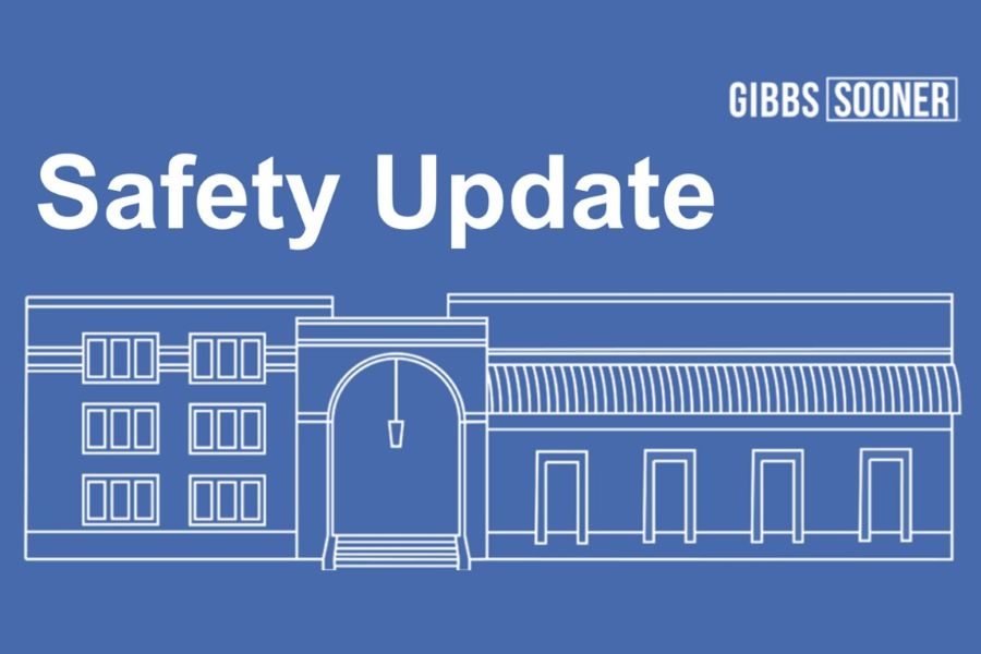 A sketch of Gould Hall, the Gibbs Sooner logo, and the words "Safety Update".