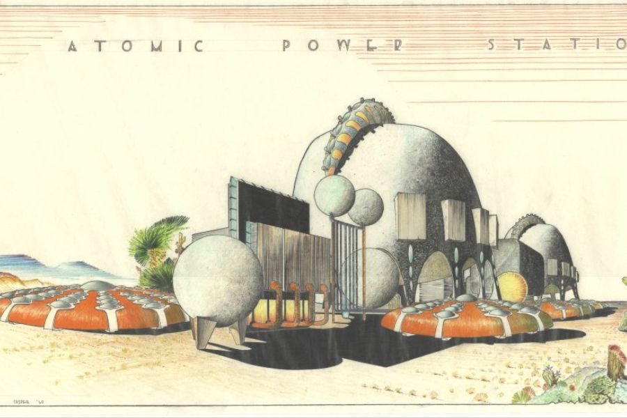 Illustrated futuristic atomic power station with domes and structures in desert landscape