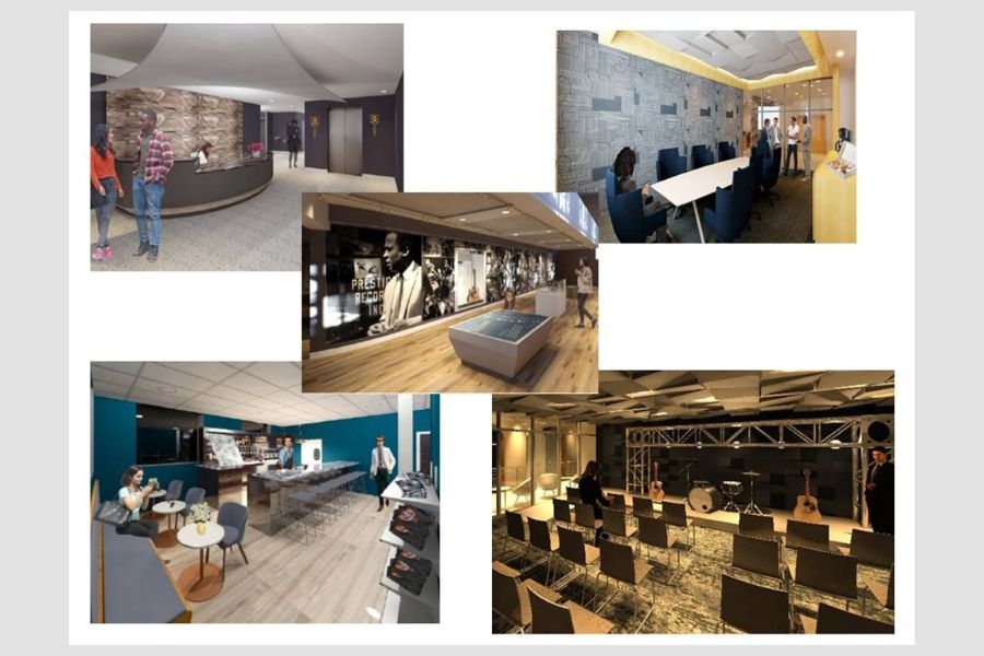 Five different designs for interior spaces in the National African American Jazz Legacy Museum.