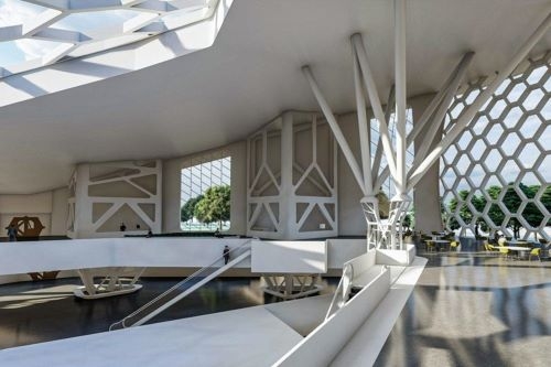 Digitally rendered architectural visualization of a building's interior.