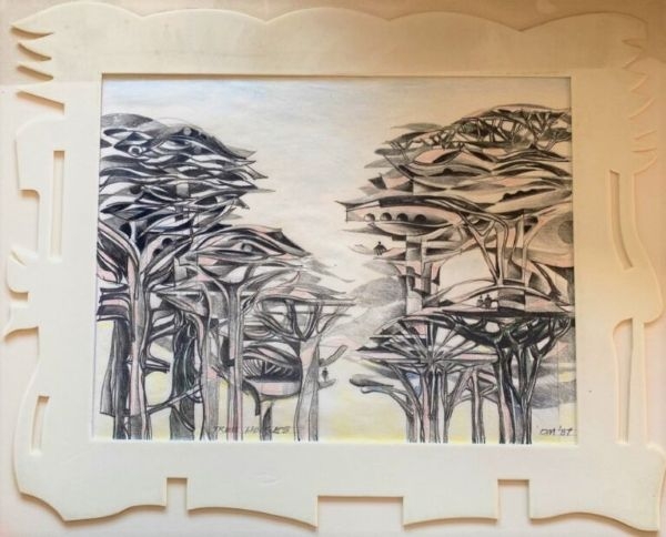 A black and white sketch of curved and arched tree houses that resemble tree canopies.