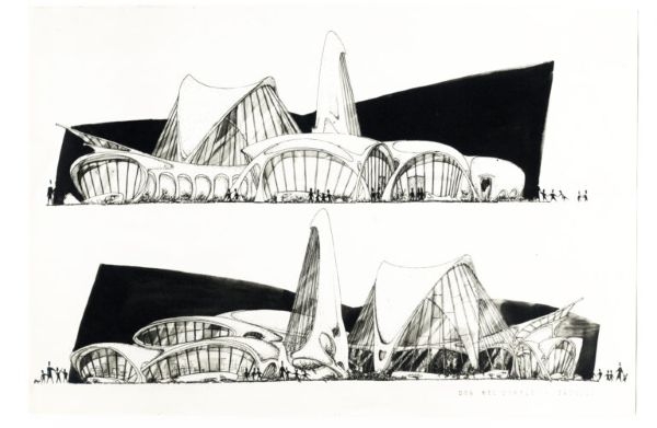 Two sketches of a building with many arched and curved elements.