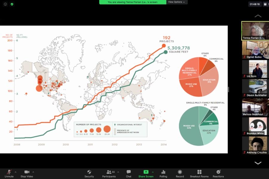 Zoom screen showing presentation slide with global project map and charts