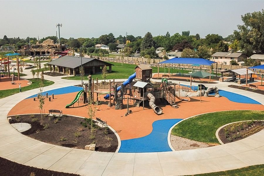 An aerial view of a playground in Adventure Heights park.