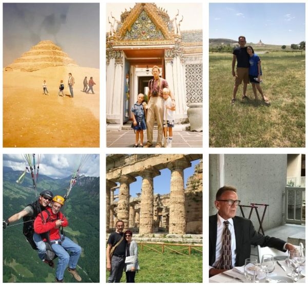 6 photos of Nick Harm traveling, including a step pyramid, an ornate gate, a grassy landscape, skydiving, stone columns, and dining.