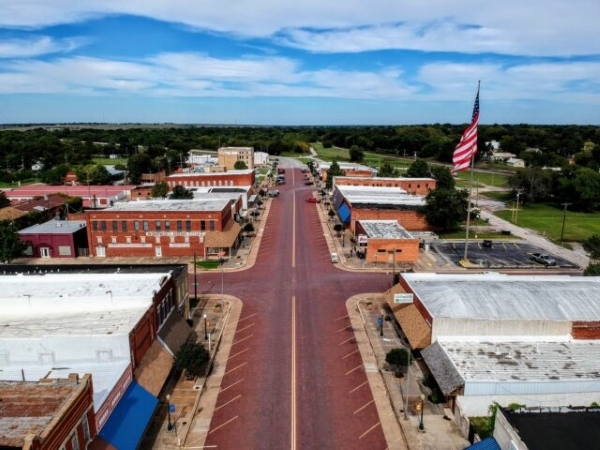 An aerial image of Waurika, Oklahoma. 