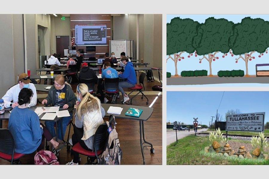 A collage showing students working at tables, digital art of an orchard, and a sign welcoming visitors to Tullahassee.
