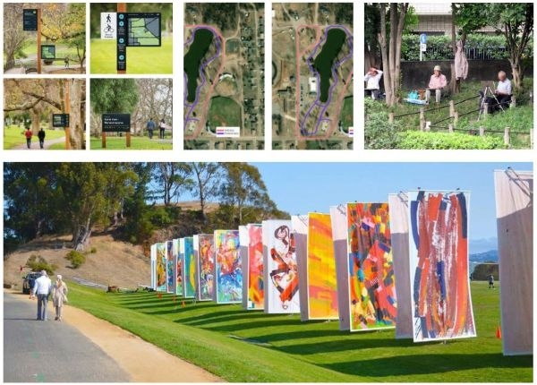 A collage showing examples of signs along a path, vehicle and pedestrian routes overlayed on aerial imagery, elderly people in an outdoor art class, and people walking along a temporary art installation.