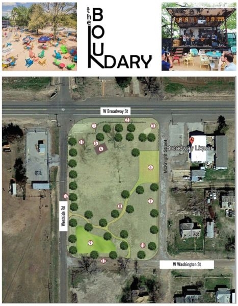 A collage showing lounge chairs on sand or gravel, a stage, the text "The Boundary" and a mockup of trees and paths overlayed on a satellite map of a park located between Washington Street, Westside Road, Broadway Street, and McKnight Street.