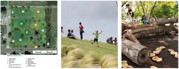 A collage showing an aerial view of a proposed park design, a child running down a hill, and families playing in an area full of logs and tree sections.