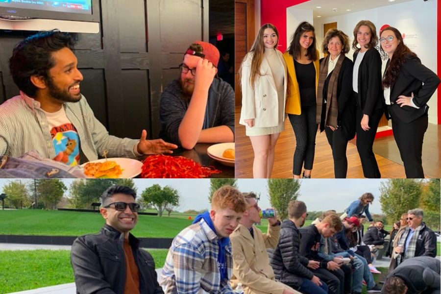 Collage of three pictures of architecture studio students interacting in groups together on trip to DC.