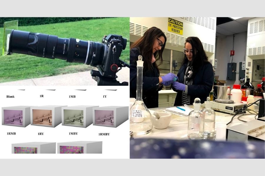 A camera with a glass sample, diagrams showing the effect of different glass colors, and two researchers in a laboratory.