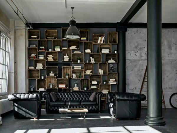 Picture of Interior living space with tall ceilings and dark colors to accentuate an industrial feel.