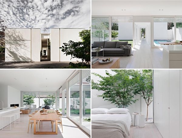 Collage picture of four examples of interior architectural designs that highlight the light and airy minimalist style.