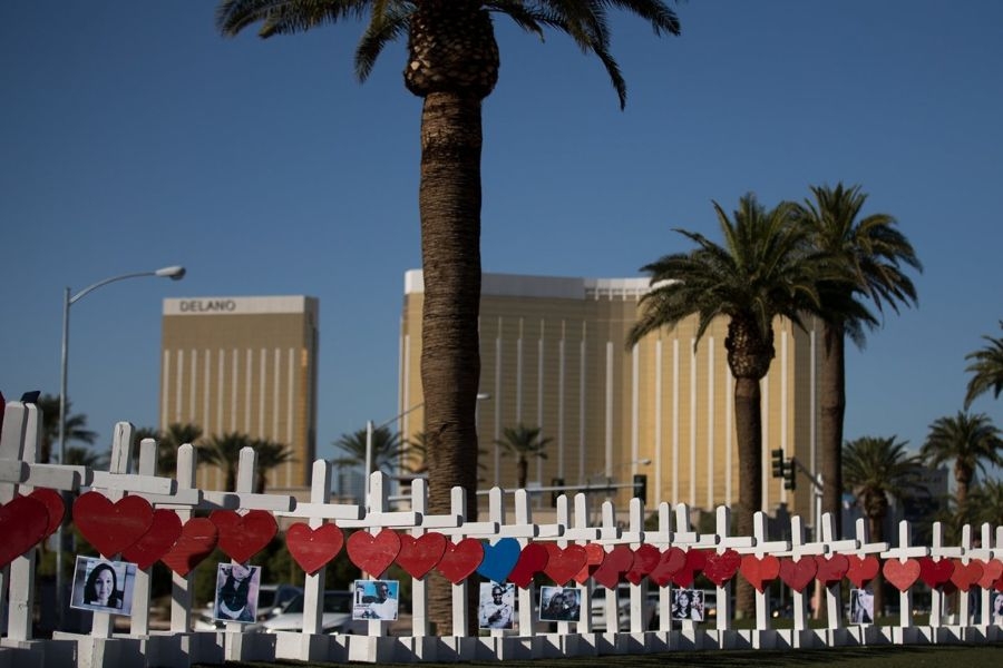 A temporary memorial in Las Vegas honors the 58 victims of the mass shooting that took place there on October 1, 2017.