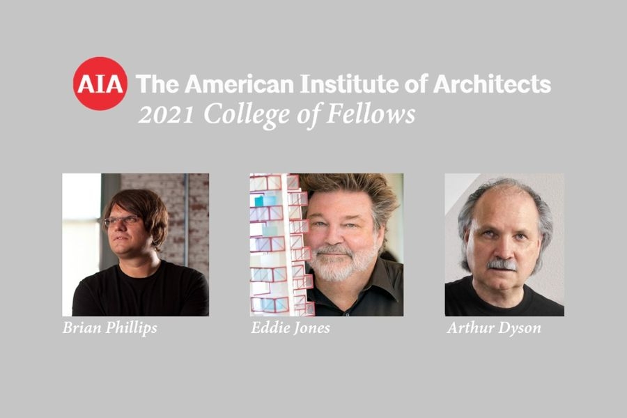 The A I A  logo with the text "The American Institute of Architects 2021 College of Fellows" and headshots of Brian Phillips, Eddie Jones, and Arthur Dyson.