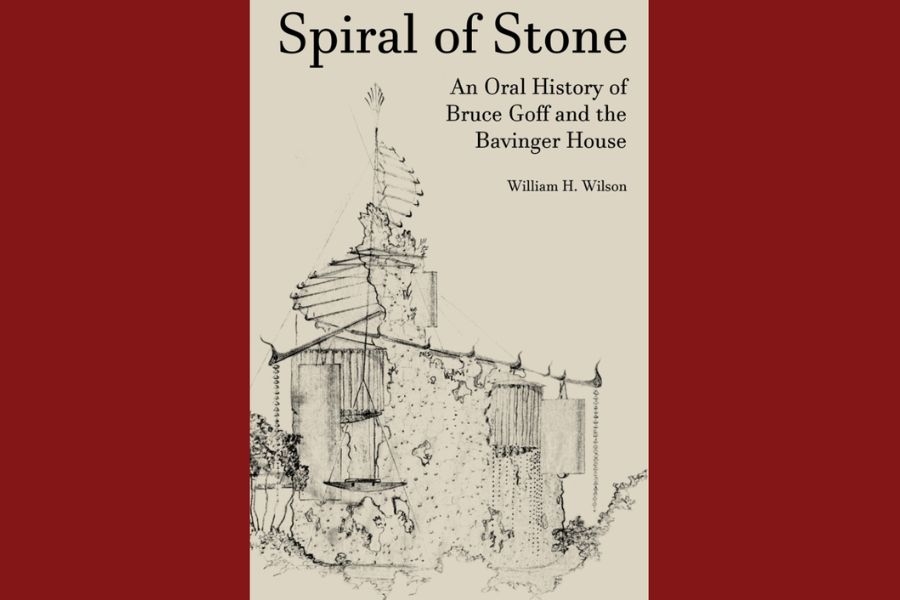 Book cover of Spiral of Stone featuring a sketch of the Bavinger House with its spiral stone structure and glass elements.