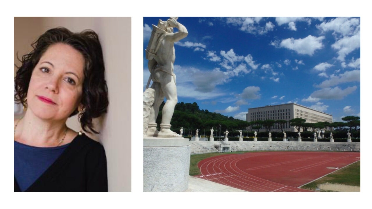 Side-by-side images: at left, a portrait of Dr. Stephanie Pilat; at right, an outdoor view of a classical statue overlooking a track-and-field stadium with a large modern building in the background under a blue sky.