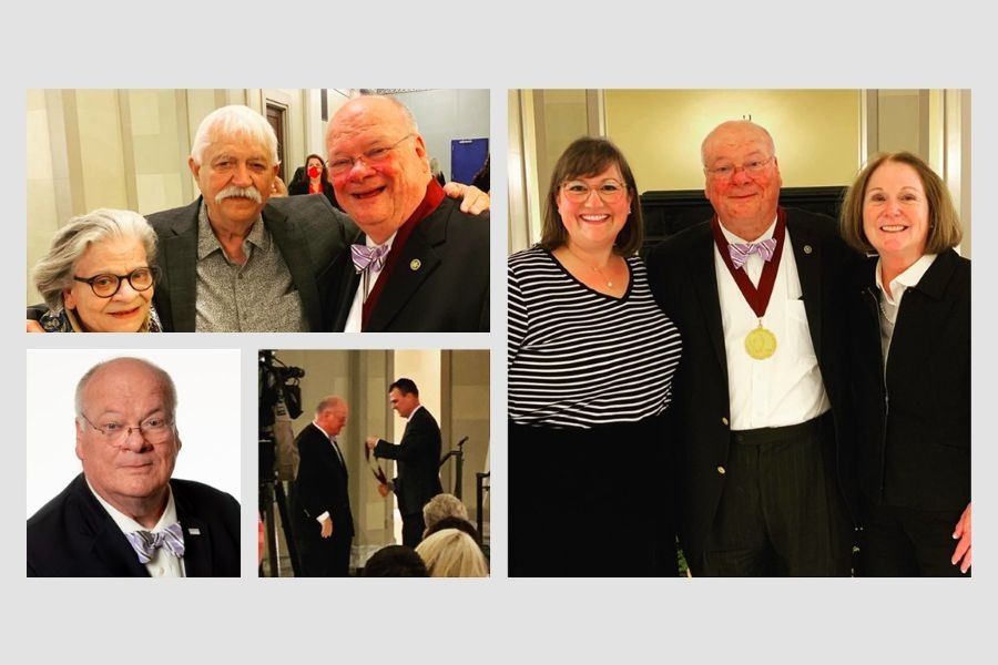 A collage of photos showing David Hornbeek receiving the Governor’s Arts Award for Community Service.