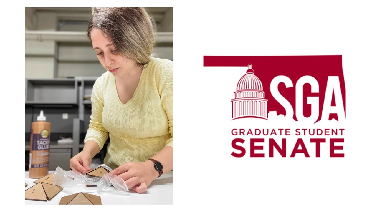 Graduate student Zhina Rashidzadeh works at a table assembling small triangular material samples in a studio setting, shown alongside the Graduate Student Senate (GSS) logo.