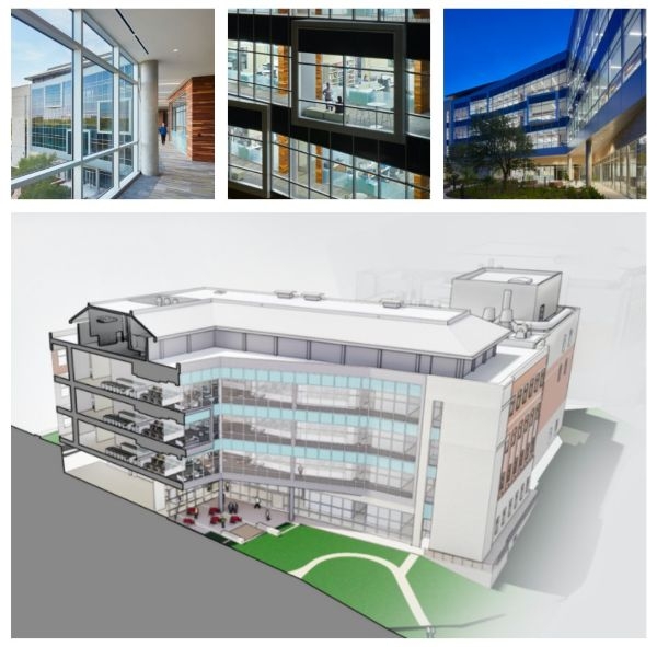 A collage showing sketches and photos of the Texas A&M University Health Science Center Medical Research and Education Building 2.