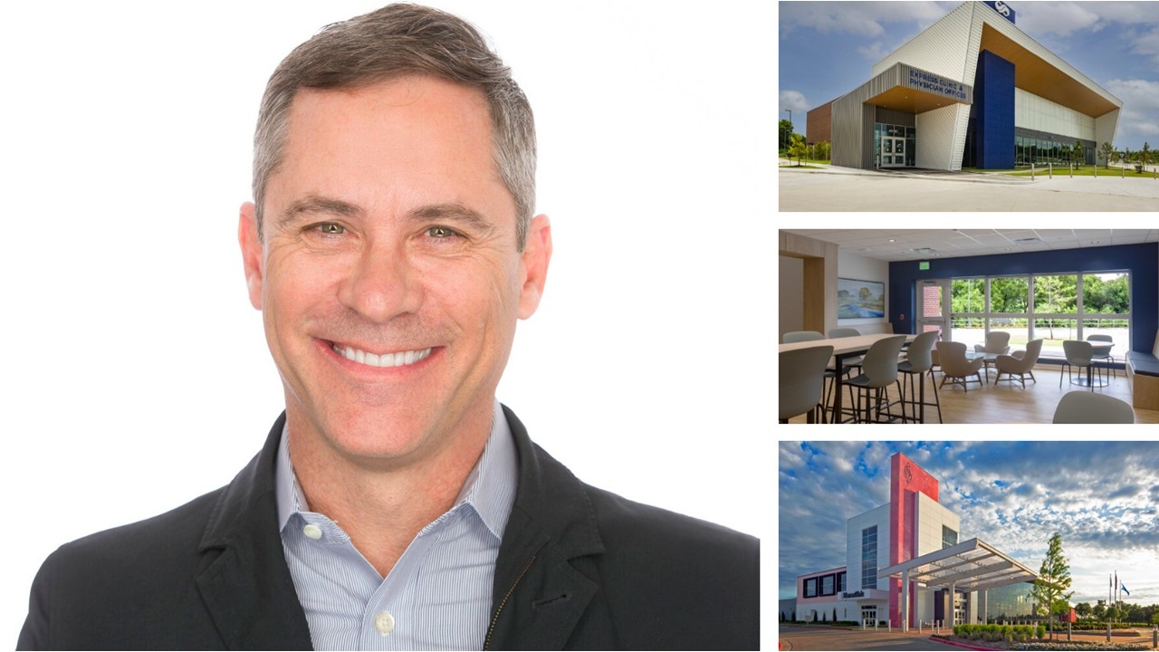 Portrait of Darin Miller alongside examples of healthcare and commercial projects designed by the firm.