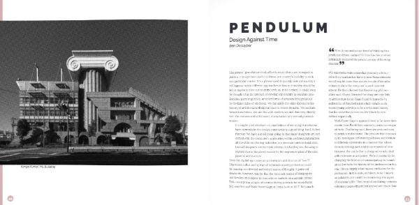 A spread from Telesis showing the M 2 building by Kengo Kuma and an article titled "Pendulum: Design Against Time" by Ben Decupyer.