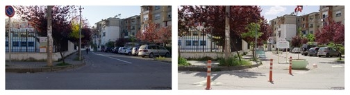 Before and after images of a street blocked off in Tirana Albania.