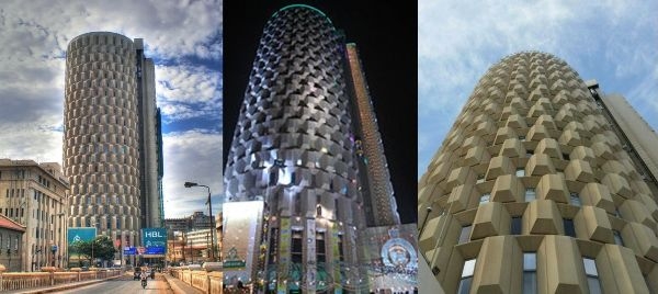 The Habib Bank Building during the day, at night, and close-up.