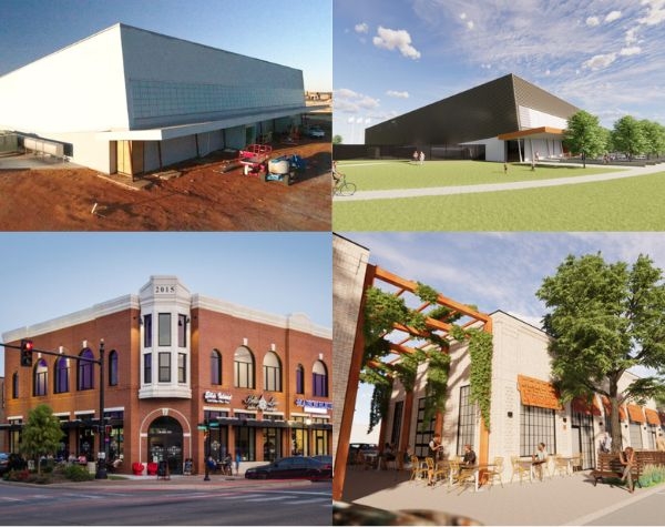 Collage of architectural projects by John Postic, a mix of digital renderings and photographs. 