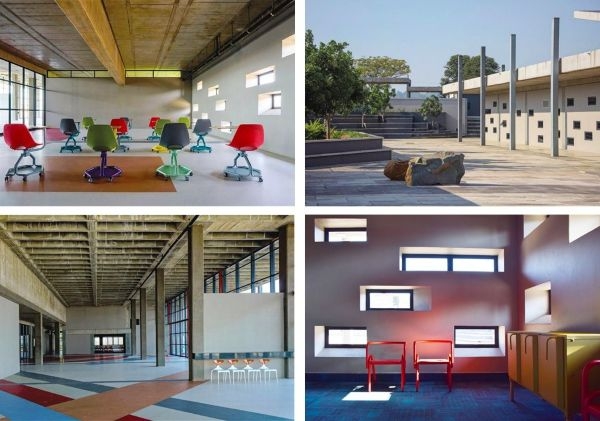 Three room interiors and one exterior view of the Devland education campus.